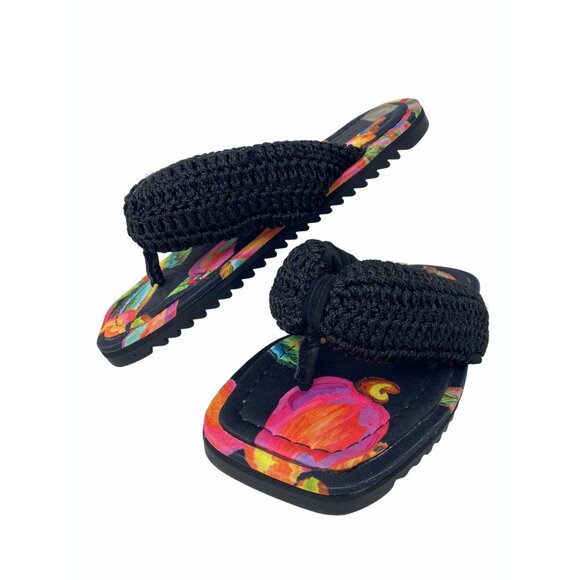 Farm Rio Size 8 Cashew Crochet Puffy Flower Flip Flops Black Pink Orange - Picture 2 of 10